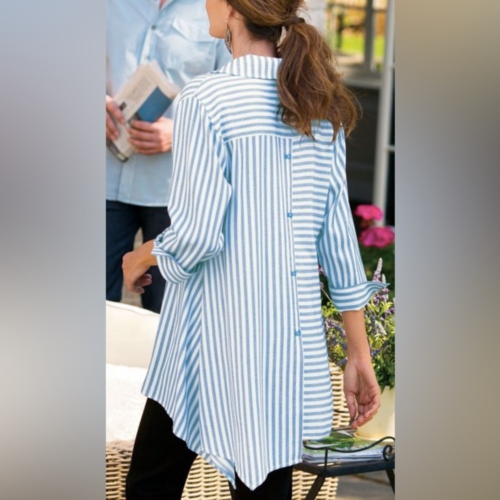 Soft Surroundings Womens Asymmetrical Striped Shirt Tunic Top Lagenlook Gray L - Picture 12 of 12